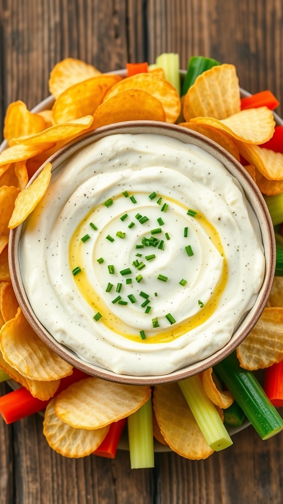 Classic French Onion Dip Recipe Creamy French onion dip in a bowl with potato chips and vegetable sticks on a wooden table.